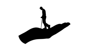 El şovu yapan adamın silüeti koltuk değnekleriyle yürür ve beyaz arka planda alçıtaşı vardır. Sağlık hizmetlerinin sembolü.