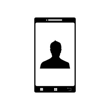 İsimsiz adam simgesiyle cep telefonu tasviri. Beyaz arkaplanda vektör silueti. Telefonun sembolü, cep telefonu, akıllı telefon. İnsanların işareti.