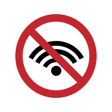 Beyaz arka planda kablosuz ağ kullanımının yasaklanması. Beyaz arkaplanda vektör silueti. Yasak internet bağlantısı kullan.