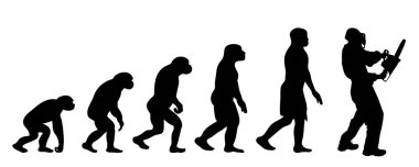 İnsanın evrim teorisi. Homo sapiens 'in vektör silueti. Maymundan testereyle işçiye sembol.