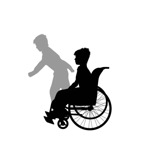 Dziecko Wózku Inwalidzkim Cieniem Zdrowego Dziecka Które Odjechało Sylwetka Wektora — Wektor stockowy
