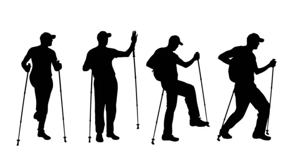 Vector Silhouet Van Mens Die Sport Met Nordic Walking Witte — Stockvector