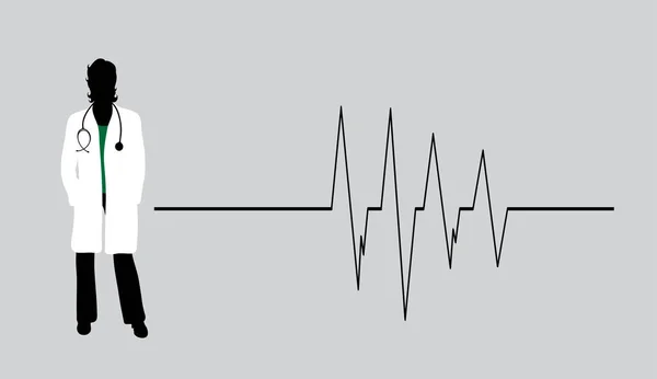 白い背景にコートと聴診器を備えた医師のベクトルシルエット 健康と病院のシンボル 心臓リズム — ストックベクタ