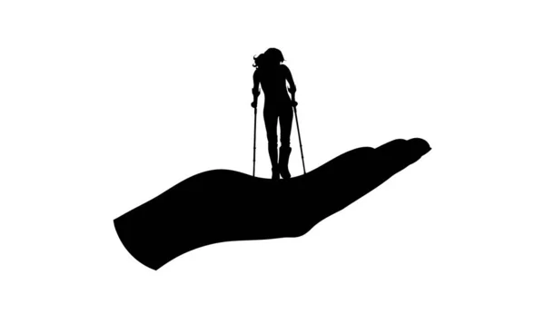 Vector Silhouette Hand Show Woman Walk Crutches Gypsum Her Leg — Stock Vector