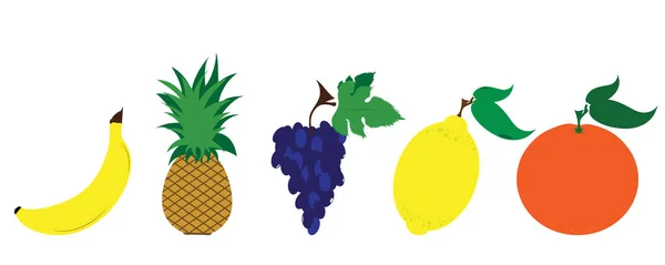 Ilustração Vetorial Pintada Frutas Fundo Branco Símbolo Banana Abacaxi Uvas — Vetor de Stock