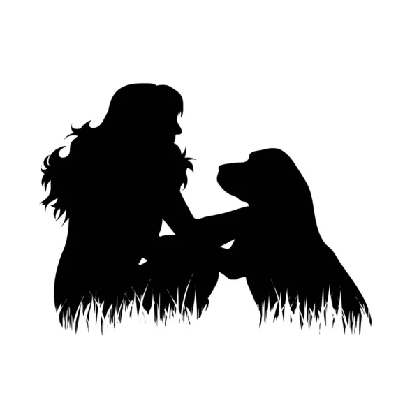 Illustration Femme Avec Icône Chien Dans Herbe Silhouette Vectorielle Sur — Image vectorielle