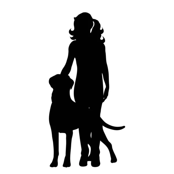 白い背景に犬と女性のベクトルシルエット 友情の象徴 — ストックベクタ