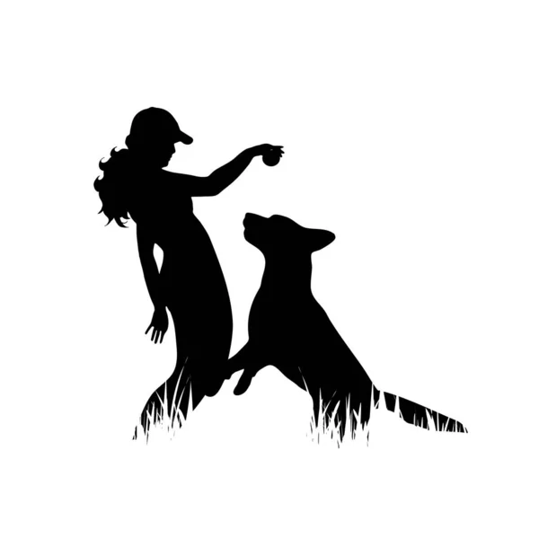 Ilustrasi Wanita Dengan Ikon Anjing Rumput Siluet Vektor Pada Latar - Stok Vektor