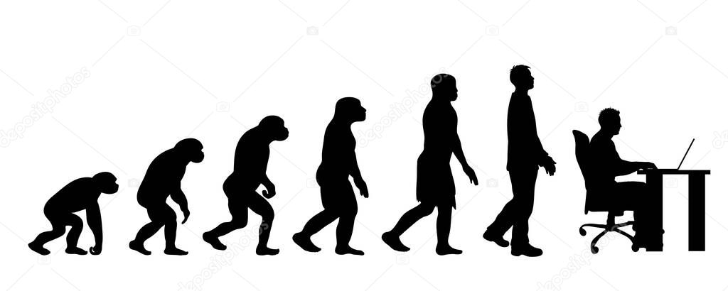 Theory of evolution of man. Vector silhouette of homo sapiens. Symbol from monkey to businessman.