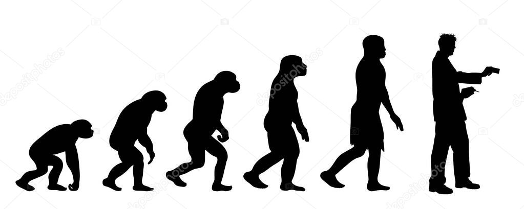 Painted theory of evolution of woman. Vector silhouette of homo sapiens. Symbol from monkey to shopping.