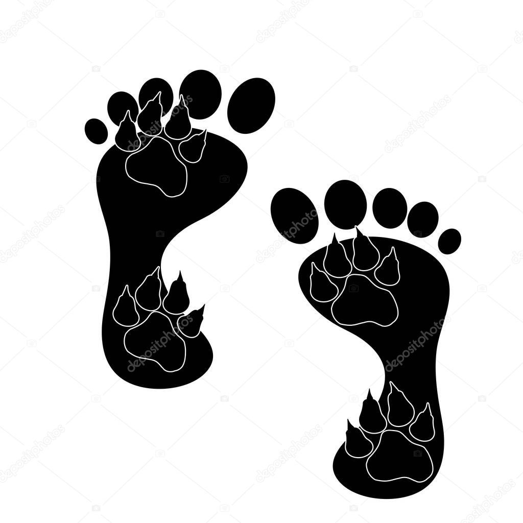 Vector silhoutte of feet and animal on white background. Symbol of love.