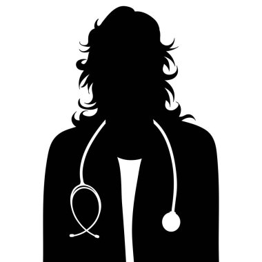 Beyaz arka planda ceketli ve steteskoplu bir doktorun vektör silueti. Sağlıklı ve hastanenin sembolü.