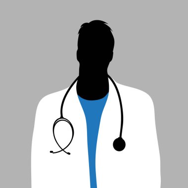 Gri arka planda ceketli ve steteskoplu bir doktorun vektör silueti. Sağlıklı ve hastanenin sembolü.