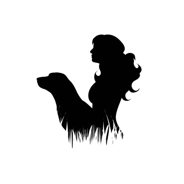 Ilustración Mujer Con Icono Perro Hierba Silueta Vectorial Sobre Fondo — Vector de stock