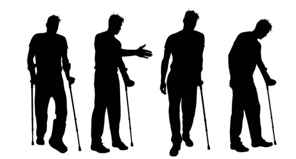 Vector Silhouette Man Who Walking Crutches White Background Symbol Injury — Stock Vector