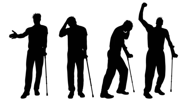白い背景に松葉杖で歩く男のベクトルシルエット 怪我の象徴 — ストックベクタ