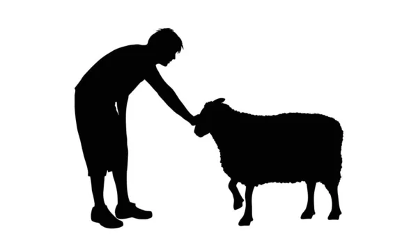 Vektorová Silueta Muže Ovcemi Bílém Pozadí Symbol Zvířete Přátelství — Stockový vektor