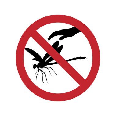 Beyaz arka planda yusufçuk sineğine dokunma yasağının vektör silueti. Hayvanın sembolü, doğa, uyarı, böcek.