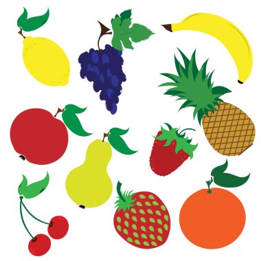 Beyaz arka planda meyve setinin vektör çizimi. Yiyecek sembolü, vejetaryen, vejetaryen..