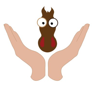 Bir atı korumak için yapılan savunma hareketinin temsili temsili bir el. Hayvan sembolü, çiftlik, insanlık, bakım, koruma, veterinerlik.