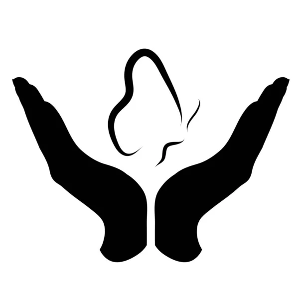 Vektor Silhuett Hand Defensiv Gest Som Skyddar Fjäril Symbol För — Stock vektor