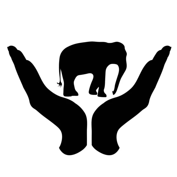 Silhouette Vectorielle Une Main Dans Geste Défensif Protégeant Éléphant Symbole — Image vectorielle