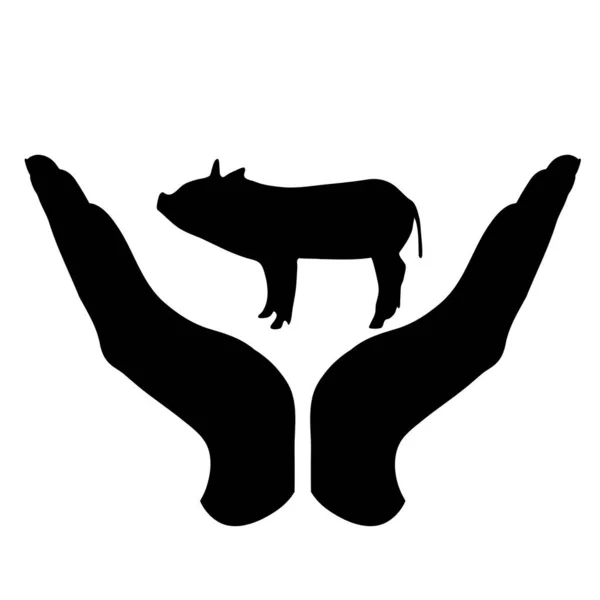 Silhouette Vectorielle Une Main Dans Geste Défensif Protégeant Cochon Symbole — Image vectorielle