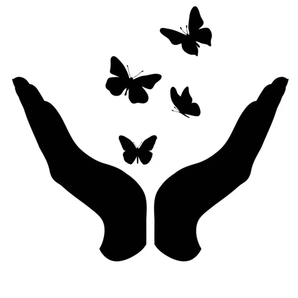 Vektorsilhouette Einer Hand Einer Defensiven Geste Die Einen Schmetterling Schützt — Stockvektor