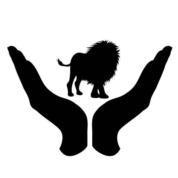 Silhouette Vectorielle Une Main Dans Geste Défensif Protégeant Lion Symbole — Image vectorielle
