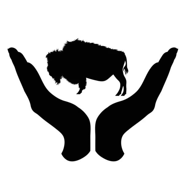 Vector Silhouette Hand Defensive Gesture Protecting Buffalo Symbol Animal Wild — Stock Vector