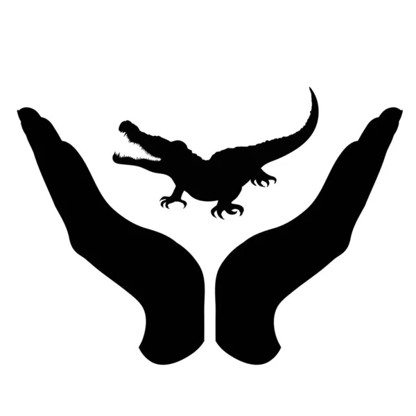 Silhouette Vectorielle Une Main Dans Geste Défensif Protégeant Crocodile Symbole — Image vectorielle