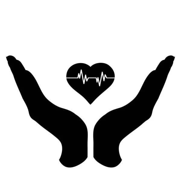 Vector Silhouette Hand Defensive Gesture Protecting Heart Pulse Symbol Insurance — Stock Vector