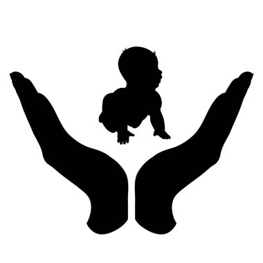 Bebeği korumak için yapılan savunma jestindeki el silueti. Sigorta sembolü, erkek, kız, çocuk, koruma.