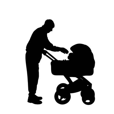 Beyaz arka planda bebek arabası olan büyükbabanın silueti. Bebeğin, çocuğun, ailenin sembolü..