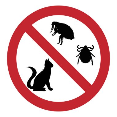 Beyaz arka planda pire ve kene yasağı işaretinin vektör çizimi. Parazitlere karşı korunma sembolü.