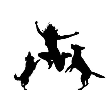 Beyaz arka planda köpeklerle oynayan kadın silueti. Arkadaşların ve eğlenceli aktivitelerin sembolü.