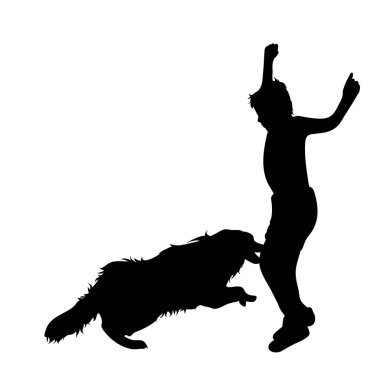 Saldırgan bir köpekten kaçan bir çocuğun vektör silueti. Beyaz arka planda öfke hayvanının sembolü.