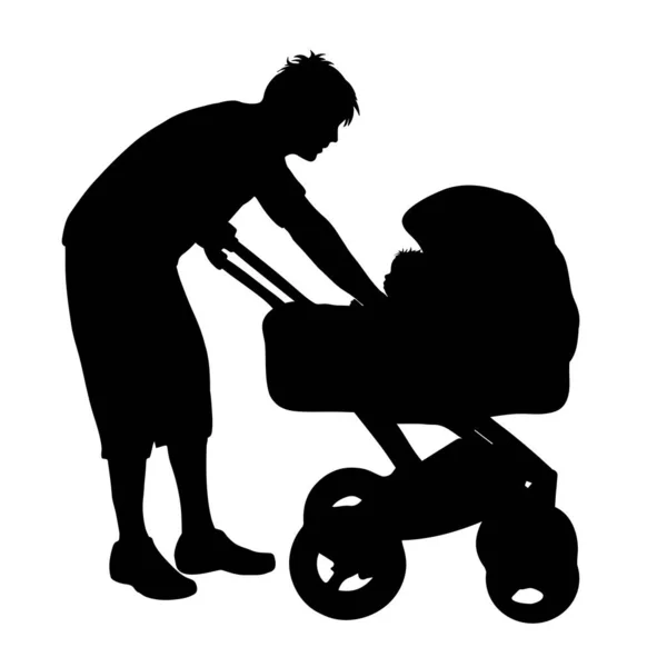 Vector Silhouette Father Baby Carriage White Background Symbol Baby Son — Stock Vector