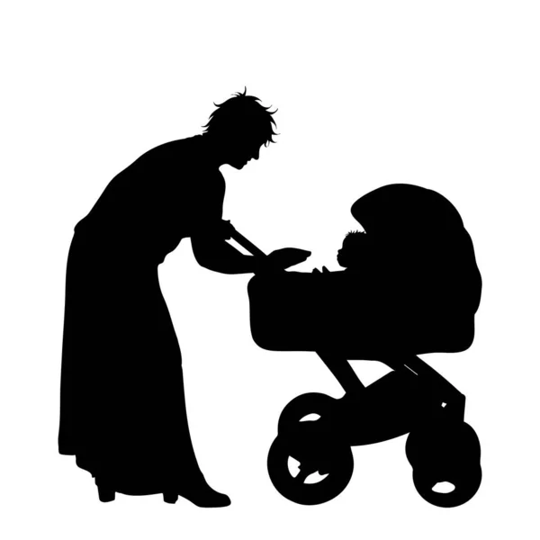 Vector Silhouette Mother Baby Carriage White Background Symbol Baby Son — Stock Vector