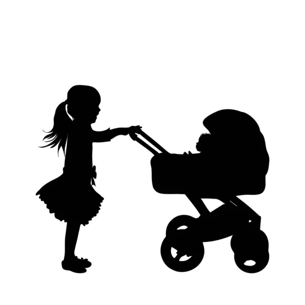 Silhouette Vectorielle Fille Avec Chariot Bébé Jouet Sur Fond Blanc — Image vectorielle