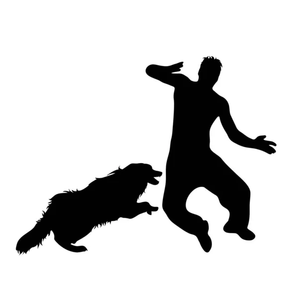 Silhouette Vectorielle Homme Qui Fuit Chien Agressif Symbole Colère Animal — Image vectorielle