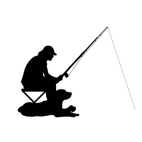 Vector silhouette of fisherman with his dog on white background. Symbol of fishing.
