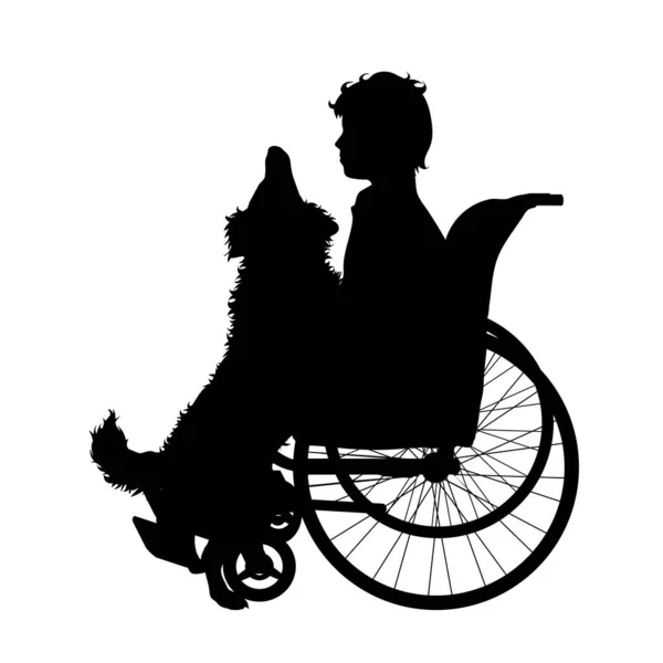 Vektorsilhouette Eines Kindes Rollstuhl Das Mit Hund Auf Weißem Hintergrund — Stockvektor