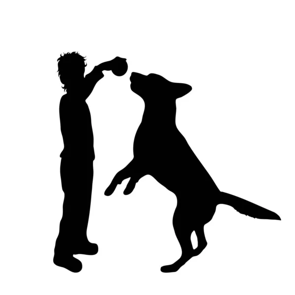 Vektorsilhouette Eines Kindes Das Mit Hund Auf Weißem Hintergrund Spielt — Stockvektor