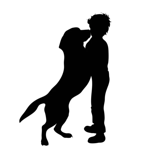 Vector Silhouet Van Kind Dat Met Hond Speelt Witte Achtergrond — Stockvector