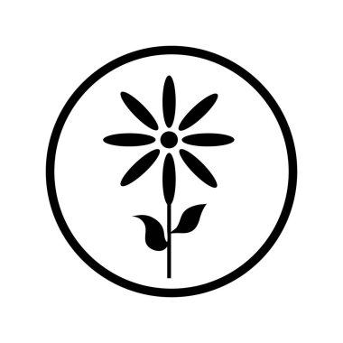 Beyaz arka planda çiçeğin vektör silueti. Bitkinin, parkın, bahçenin sembolü. Yuvarlak çerçeveli logo.