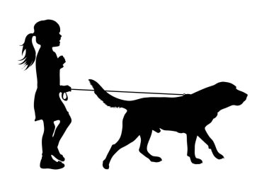 Beyaz arka planda köpeğiyle dolaşan bir çocuğun vektör silueti. Hayvanın sembolü, evcil hayvan, arkadaşlar, yürüyüş.