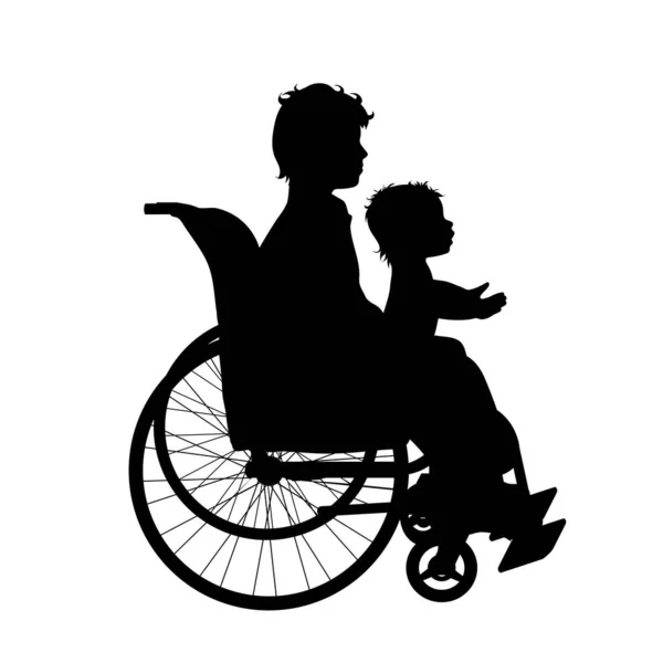 Vector Silhouette Boy Who Sit Wheelchair Together His Siblings White — Stock Vector