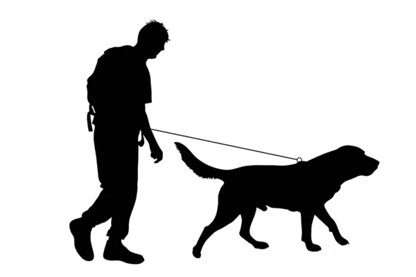 Vector Silhouette Man Who Walk His Dog Leash White Background — Stock Vector