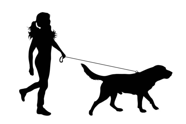 Векторный Силуэт Ребенка Выгуливающего Собакой Поводке Белом Фоне Symbol Animal — стоковый вектор